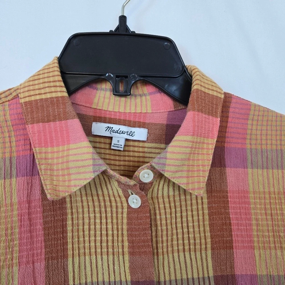 Madewell Women's Neon Madras Plaid Button‎ Short Sleeve Cotton Daily Shirt Small - Picture 2 of 11